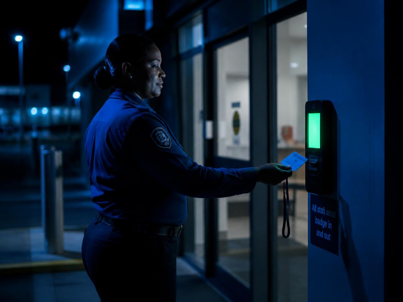 Profissional em plantão noturno registrando entrada em terminal iluminado